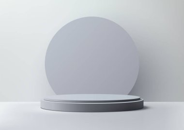Minimalist 3D Gri Dairesel Podyum, Beyaz Arkaplanda Çember Arkaplan, Modern Showroom ve Sunumlar için Zarif Ürün Görünümü ve Moda, Temiz ve Gösterişli Tasarım Konsepti
