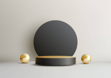 Altın aksanlı ve küreli zarif 3D Siyah Dairesel Podyum, Şov Salonu ve Sunumları için Lüks Görünüm ve Moda Tasarımı, Modern, Sofistike ve Şık Arkaplan