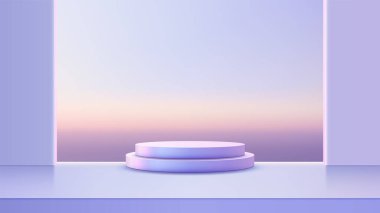 Modern Ürün Görünümü veya Sunumu için Mavi Gökyüzü Arkaplanı, Mockup, Showroom veya Showcase Tasarımları İçin İdeal Minimalist 3D Mor Podyum