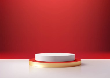 Kırmızı Arkaplanda Altın Tabanlı Modern 3D Beyaz Dairesel Podyum, Lüks Ürün Görünümü, Mockup ve Showcase için ideal