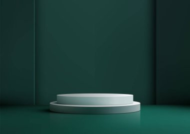Minimalist 3D Beyaz Dairesel Podyum, Ürün Görünümü ve Model Yapımı İçin Yeşil Arkaplanda İki Seviye