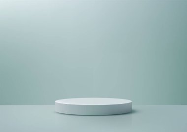 Hafif, dağınık ışıkla aydınlatılmış, açık mavi arka planda beyaz bir podyumun yer aldığı minimalist bir sahne. Bu temiz ve modern atmosfer ürün gösterimleri, modelleri ve vitrinler için mükemmeldir.