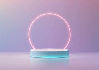 Pembe neon dairesiyle turkuaz bir podyumun yer aldığı fütüristik bir sahne. Yumuşak, dağınık ışık, canlı ve modern bir atmosfer yaratıyor. Teknoloji odaklı modeller için mükemmel.