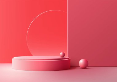 Minimalist pembe bir podyum ve kırmızı zemin üzerinde yumuşak, dağınık ışıkla aydınlatılmış iki küre. Bu modern, sıcak sahne ürün gösterimleri, modelleri veya sergi salonları için mükemmel.