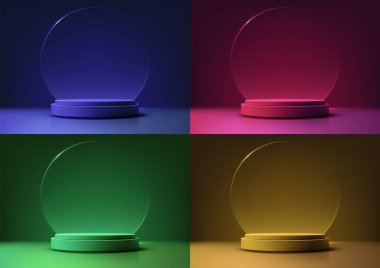 Glass Circle Arkaplanı, Modern Teknoloji Konsepti için Parlak Aydınlatılmış Görünümü ile Geleceğin 3D Canlı Podyumu