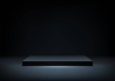 Aşağıdan aydınlatılan 3D siyah kare platform, siyah duvarlı bir zemine yerleştirilmiş. Modern ürün gösterimleri, modeller ya da minimalist tarzda sergi salonları için mükemmel.