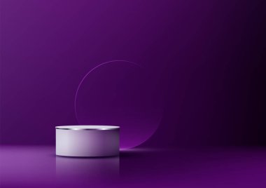 Beyaz silindirik podyumlu minimalist bir 3D sahne yansıtıcı yüzeyi olan koyu mor bir arka plana karşı. Lüks ürün gösterimleri, modeller ve zarif vitrin ayarları için ideal