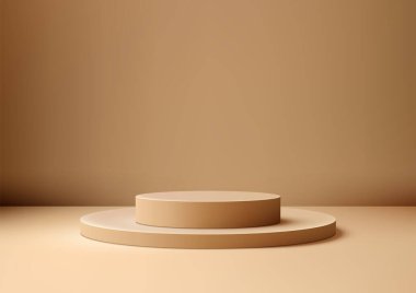 Bu minimalist, nötr kahverengi bir arkaplana karşı katmanlı düzende iki bej renkli silindir podyum sergiliyor. Modern, zarif bir ortamda kozmetik ve mücevher gibi küçük eşyaları sergilemek için ideal.