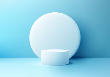 Minimalist ürün sergisi beyaz silindirik bir podyumu, açık mavi bir arkaplana karşı büyük beyaz bir dairenin önünde sergiliyor. Modern ve zarif bir ortamda kozmetik veya mücevher sergilemek için ideal.