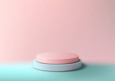 Minimalist 3D maketler, pembe ve mavi renkli iki dairesel platformu yumuşak pembe arka plana karşı sergiliyor. Modern ürün sergileri ve sergiler için mükemmel.