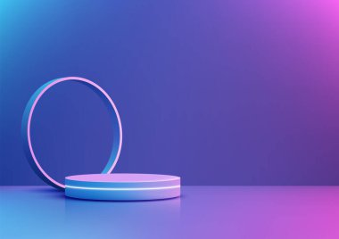 Fütüristik 3D podyum, canlı mavi ve mor gradyan arkaplan üzerine parlayan neon bir halka içeriyor. Bu da onu teknoloji gösterileri, modelleri ve ürünleri için mükemmel kılıyor.