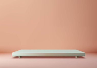 Şeftali arka planında dikdörtgen bir platformun yer aldığı 3D minimalist sahne, ürün gösterimleri, modelleri ve vitrinler için tasarlandı. Yumuşak, herhangi bir sunum