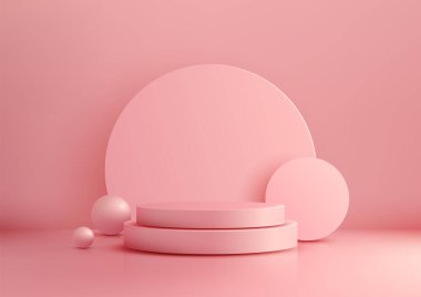 Geometrik şekiller, küreler, ürün gösterimi ve modern modellerle çevrili minimalist pembe bir sahne 3D silindirik podyum. sanatsal ve zarif marka sunumları