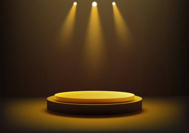 Siyah bir üsteki 3D sarı podyum. Karanlık bir odada üç spot ışığıyla aydınlatılmış. Ödül töreni temaları, ürün sergileri ve lüks modeller.