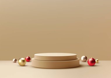 3 boyutlu bej podyum ve bej arka planda saçılmış şenlikli Noel süslemeleri. Tatil ürünleri sergileri, mevsimlik modeller ve sergi salonları
