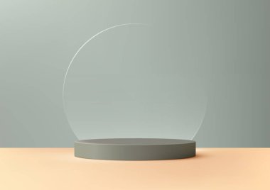 Yumuşak turuncu zeminde gri yuvarlak bir kaideye sahip, şeffaf daire arkaplan ile açık gri bir duvara dayalı minimalist 3D sahne. ürün modellemeleri, gösterimler ve markalaşma