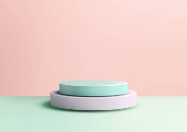 3D nane yeşili silindir pembe bir podyumda, açık yeşil bir yüzeye yumuşak bir pastel pembe arka planla yerleştirilmiştir. Modern, minimalist ürün gösterimleri ve markalaşma görselleri