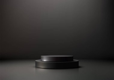 Siyah arka planda iki dairesel platforma sahip üç boyutlu kara sahne. Zarif ürün gösterimleri, minimal modeller ve modern tarzda sergilenen sergiler