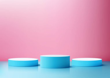 Canlı pembe bir duvar ve parlak mavi bir yüzey üzerinde minimalist 3D mavi podyum, ürün modellemeleri, pazarlama görselleri, veya parlak geometrik zarafetle yaratıcı tasarım kavramları