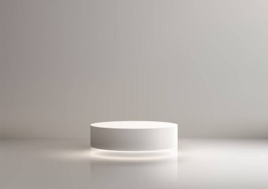 Parlayan bir yüzeyde yüzen 3D beyaz silindirik podyum, minimalist ürün gösterimi ve lüks markalaşma kavramları için tasarlandı. Model, sunumlar