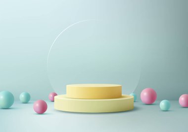 En az üç boyutlu sahne 3D pastel sarı podyum açık mavi arkaplanda renkli kürelerle çevrili. Ürün görüntüleme, modelleme veya vitrin için şeffaf daire arkaplanı