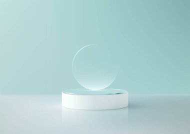 Modern 3D, beyaz bir podyumda, yumuşak mavi arka planda cam bir çember sergiliyor. Ürün modellemeleri, markalaşma görselleri ve minimalist sanatsal gösterimler için mükemmel.