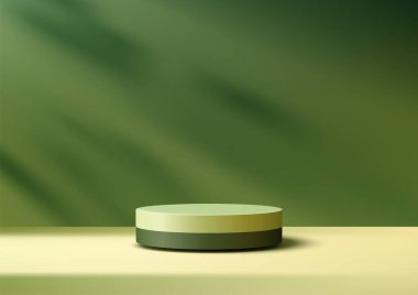 Bej bir yüzey üzerinde 3 boyutlu yeşil silindir podyumlu sergi ürünleri, yaprak gölgelerinden esinlenilmiş modern estetik. Model, görüntü ve eko temalı görseller için mükemmel.