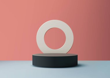 Minimalist 3D sahne. Siyah silindir bir podyum ve soluk pembe bir duvara dayanan beyaz bir yüzük. Zarif modern kompozisyonlarda ürün görüntüleme, modelleme ve görsel tasarımlar