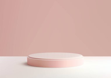 Minimalist 3D pembe podyum seti beyaz zeminde, yumuşak pastel pembe arka planı var. Ürün gösterisi, modeller, sergi salonu markalaşması ve yaratıcı görüntüler. 