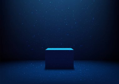 Süzülen ışık parçacıklarının olduğu karanlık bir sahnede spot ışıklarıyla aydınlatılan 3D parlayan mavi küp platformu. Fütüristik teknoloji kavramları, dijital modeller, ürün gösterimleri ve yenilik sergileri