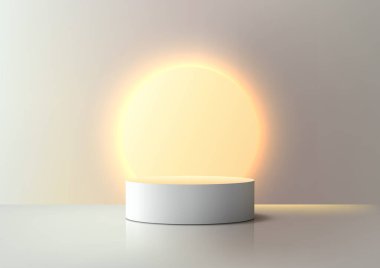 3D beyaz silindirik podyumun parıldayan bir daire tarafından aydınlatıldığı minimalist bir sahne. Modern ürün gösterimleri, modeller, ve yumuşak ışıklandırmalı zarif iç gösterimler