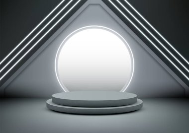 Parlayan dairesel bir platforma, neon ışıklara ve geometrik desenlere sahip minimalist 3D sahne. Fütürist teknoloji modellemeleri, ürün gösterimleri ve modern görsel tasarımlar için mükemmel.