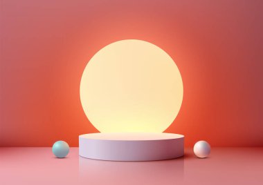 Mercan zemin üzerinde parlayan daire ışığı olan 3D yuvarlak pembe platform. İki pastel küre, biri mavi ve biri beyaz, ürün modelleri veya tatil gösterileri.