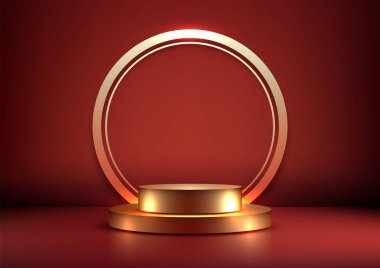 Koyu kırmızı arka planda parlak daireleri olan zarif altın podyum, Çin Yeni Yılı, lüks galeriler veya dramatik ürün sergileri için mükemmel. Festival sunumları için sofistike bir sahne.