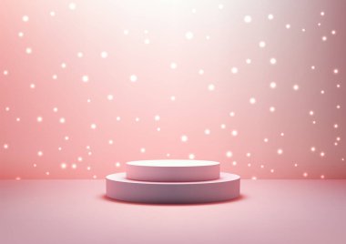 3 boyutlu beyaz podyum, zarif ve modernliği harmanlayan bokeh ışıkları olan yumuşak pembe bir arka plana karşı. Şenlikli ürün gösterimleri, modeller, galeriler ve kutlamalar
