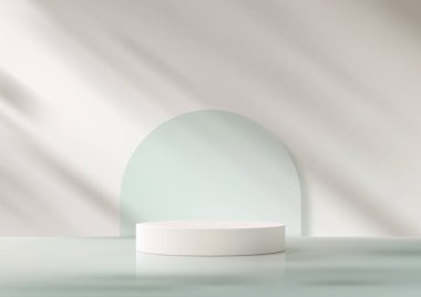 Yumuşak mavi kemerli arka plana karşı beyaz silindirik bir podyumun serin minimalist sahnesi. Ürün gösterileri, modeller, sergi salonları ve sanatsal sunumlar
