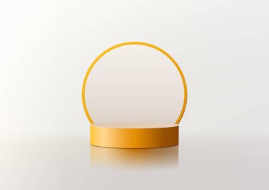 Minimalist sahne, beyaz arka planda dairesel çerçeveli canlı sarı bir podyum sergiliyor. Modern tasarım, ürün gösterimleri, modeller ve yaratıcı markalaşma