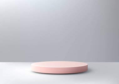 Minimalist 3D yumuşak pembe podyum, tarafsız gri zemine karşı. Modern sunumlar için temiz ve çok yönlü estetik ürünler, modeller ve galeriler için mükemmel..
