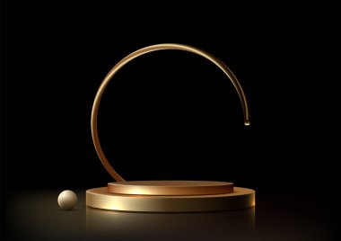 Siyah arka planda kıvrık aksanlı zarif bir altın podyum. Minimalist ve modern tasarım, lüks ürün gösterileri, mücevher gösterileri ve ödüller için idealdir..