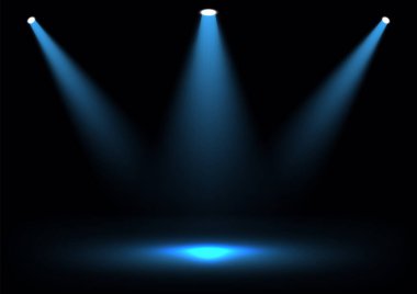 Üç parlak mavi spot ışığı karanlık bir sahnede parlıyor, odaklanmış bir merkez noktayla çarpıcı bir ışık yaratıyor. Sanatsal fotoğrafçılık ve ürün vurguları için ideal