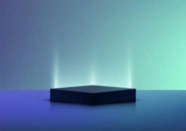 Yansıtıcı mavi bir yüzey üzerinde parlak mavi-yeşil eğimli bir kare platform. Parlak dikey çizgiler ürün modellemeleri veya vitrinler için parlak bir teknoloji ortamı ekler.