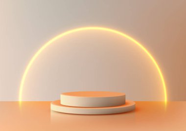 Parlayan neon kemerli yumuşak şeftali rengi bir podyum, zarif ürün sergileri veya modern sunum tasarımları için idealdir. Dairesel, minimal ve moda ekran ayarları için mükemmel