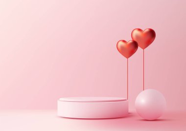 Minimalist Sevgililer Günü sahnesi 3 boyutlu pembe podyum, kırmızı kalp balonları ve yumuşak pembe arka planda beyaz küre. Romantik ürün gösterimleri, modeller veya tebrik kartları