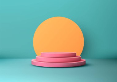 Üç boyutlu pembe podyum, turuncu büyük bir daireyle donatılmış. Retro ürün gösterimleri, canlı modeller ve sanatsal yeteneği olan modern tasarım kavramları
