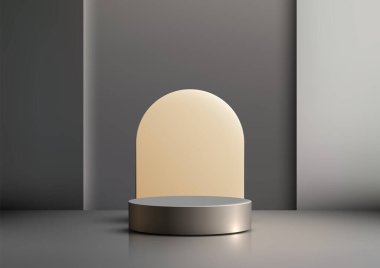 Metalik gri silindirik tabanlı modern minimalist podyum ve ışıl ışıl krem aydınlatma paneli, parlak, iki tonluk gri arka plan, ürün gösterimleri ve sunumları için mükemmel.