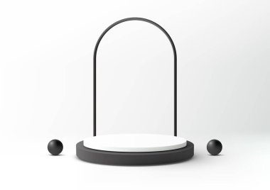Beyaz ve koyu gri küreler ve siyah küreler içinde minimalist podyum, temiz beyaz arkaplan üzerine kuruludur. Modern ürün görüntüleme, modelleme ve sergi salonu kavramları için mükemmel.