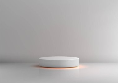 Yumuşak gri arkaplanda beyaz silindirik bir kaideye sahip minimalist 3D tasarım, sıcak turuncu ve temiz çizgilerle geliştirilmiş, ürün gösterimleri veya yaratıcı modeller için mükemmel.