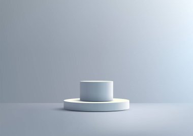 Daha büyük bir podyumda minimalist 3d küçük beyaz silindir, yumuşak eğimli mavi arka plan, geometrik şekiller, modern tasarım kavramları için mükemmel.