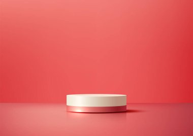 İnce pembe bantlı minimalist 3d podyum beyaz silindir, canlı pembe arka planda, ürün sergileri, modeller ve modern tasarım sunumları için mükemmel.