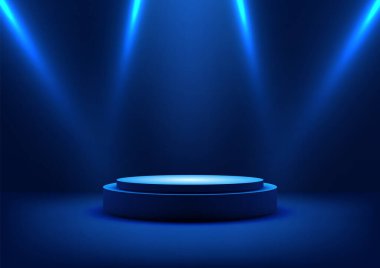 Modern teknoloji 3D dairesel podyum mavi spot ışıklarıyla aydınlatılmış, ödül törenleri, ürün sergileri veya minimalist sergi ortamındaki gelecek sunumları için mükemmel.